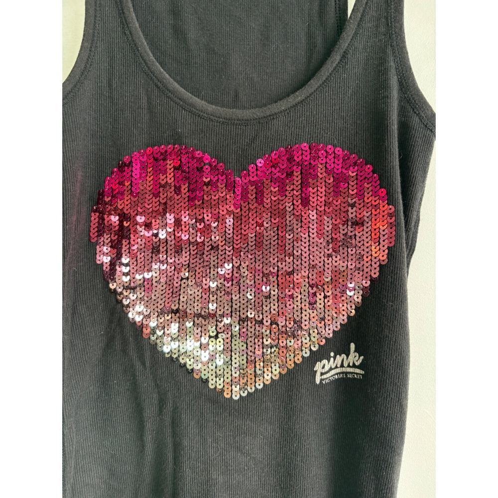 Victoria's Secret PINK Vintage Y2K Sequin Heart Racerback Tank Black Ribbed S - Picture 2 of 7